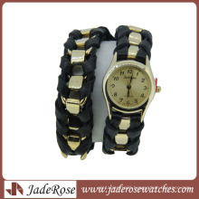 Braded Long Leather Strap Quartz Lady Watch with Chain